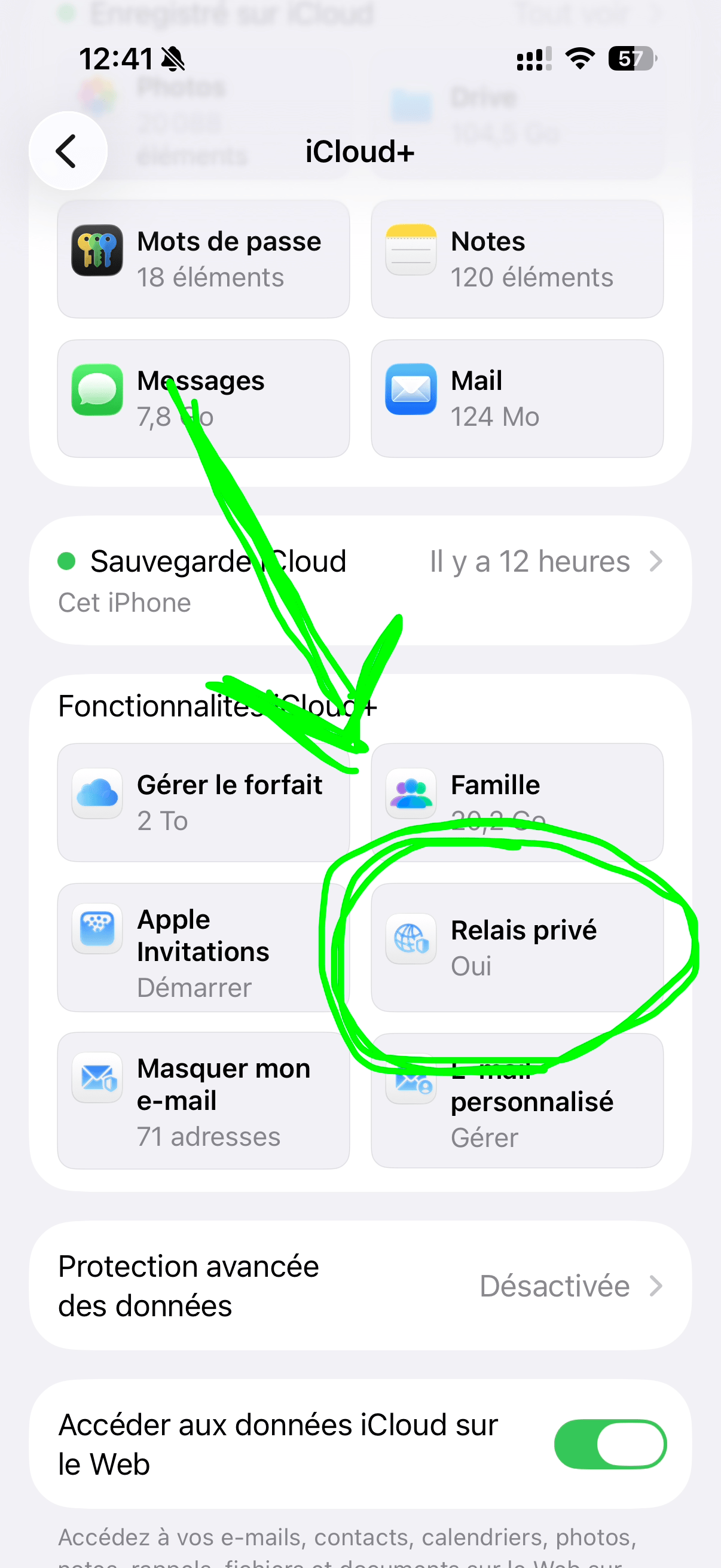 Une fois dans les réglages iCloud, descendez jusqu'à trouver Relais Privé et cliquez-y dessus.